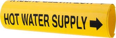 Made in USA - Pipe Marker with Hot Water Supply Legend and Arrow Graphic - 3-3/8 to 4-1/2" Pipe Outside Diam, Black on Yellow - USA Tool & Supply