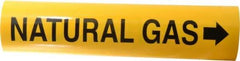 Made in USA - Pipe Marker with Natural Gas Legend and Arrow Graphic - 3-3/8 to 4-1/2" Pipe Outside Diam, Black on Yellow - USA Tool & Supply