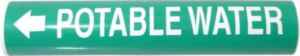 Made in USA - Pipe Marker with Potable Water Legend and Arrow Graphic - 3-3/8 to 4-1/2" Pipe Outside Diam, White on Green - USA Tool & Supply