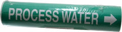 Made in USA - Pipe Marker with Process Water Legend and Arrow Graphic - 3-3/8 to 4-1/2" Pipe Outside Diam, White on Green - USA Tool & Supply