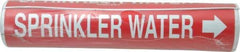 Made in USA - Pipe Marker with Water Sprinkler Legend and Arrow Graphic - 3-3/8 to 4-1/2" Pipe Outside Diam, White on Red - USA Tool & Supply
