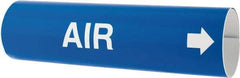 Made in USA - Pipe Marker with Air Legend and Arrow Graphic - 4-5/8 to 5-7/8" Pipe Outside Diam, White on Blue - USA Tool & Supply