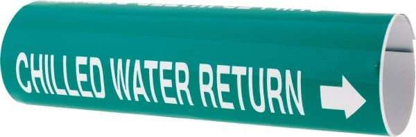 Made in USA - Pipe Marker with Chilled Water Return Legend and Arrow Graphic - 4-5/8 to 5-7/8" Pipe Outside Diam, White on Green - USA Tool & Supply