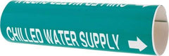 Made in USA - Pipe Marker with Chilled Water Supply Legend and Arrow Graphic - 4-5/8 to 5-7/8" Pipe Outside Diam, White on Green - USA Tool & Supply