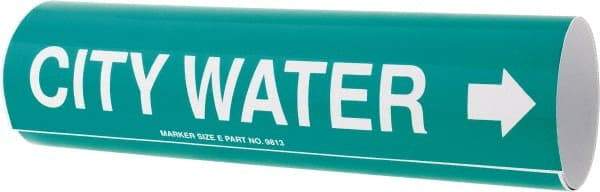 Made in USA - Pipe Marker with City Water Legend and Arrow Graphic - 4-5/8 to 5-7/8" Pipe Outside Diam, White on Green - USA Tool & Supply