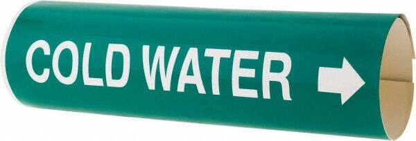 Made in USA - Pipe Marker with Cold Water Legend and Arrow Graphic - 4-5/8 to 5-7/8" Pipe Outside Diam, White on Green - USA Tool & Supply