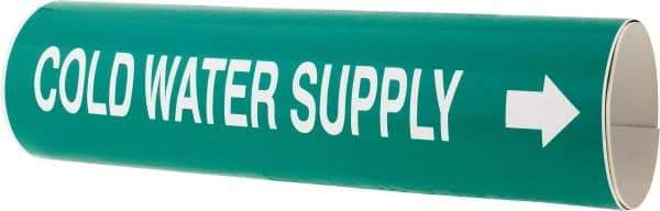 Made in USA - Pipe Marker with Cold Water Supply Legend and Arrow Graphic - 4-5/8 to 5-7/8" Pipe Outside Diam, White on Green - USA Tool & Supply