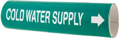 Made in USA - Pipe Marker with Cold Water Supply Legend and Arrow Graphic - 4-5/8 to 5-7/8" Pipe Outside Diam, White on Green - USA Tool & Supply