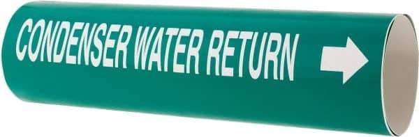 Made in USA - Pipe Marker with Condenser Water Return Legend and Arrow Graphic - 4-5/8 to 5-7/8" Pipe Outside Diam, White on Green - USA Tool & Supply