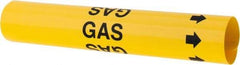 Made in USA - Pipe Marker with Gas Legend and Arrow Graphic - 4-5/8 to 5-7/8" Pipe Outside Diam, Black on Yellow - USA Tool & Supply