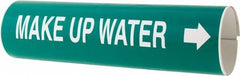 Made in USA - Pipe Marker with Make-Up Water Legend and Arrow Graphic - 4-5/8 to 5-7/8" Pipe Outside Diam, White on Green - USA Tool & Supply
