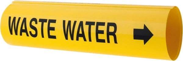 Made in USA - Pipe Marker with Waste Water Legend and Arrow Graphic - 4-5/8 to 5-7/8" Pipe Outside Diam, Black on Yellow - USA Tool & Supply