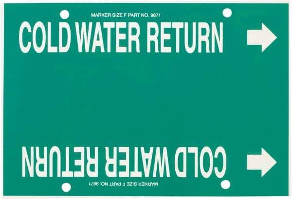 Made in USA - Pipe Marker with Cold Water Supply Legend and Arrow Graphic - 6 to 8" Pipe Outside Diam, White on Green - USA Tool & Supply