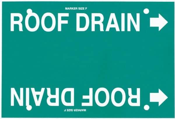Made in USA - Pipe Marker with Roof Drain Legend and Arrow Graphic - 6 to 8" Pipe Outside Diam, White on Green - USA Tool & Supply