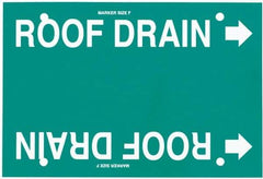 Made in USA - Pipe Marker with Roof Drain Legend and Arrow Graphic - 6 to 8" Pipe Outside Diam, White on Green - USA Tool & Supply