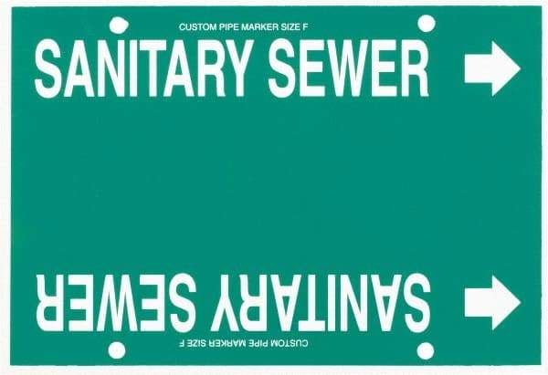 Made in USA - Pipe Marker with Sanitary Sewer Legend and Arrow Graphic - 6 to 8" Pipe Outside Diam, White on Green - USA Tool & Supply