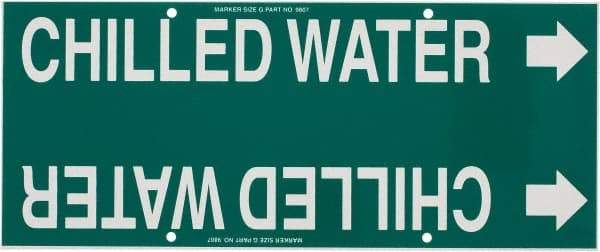 Made in USA - Pipe Marker with Chilled Water Legend and Arrow Graphic - 8 to 10" Pipe Outside Diam, White on Green - USA Tool & Supply