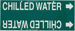 Made in USA - Pipe Marker with Chilled Water Legend and Arrow Graphic - 8 to 10" Pipe Outside Diam, White on Green - USA Tool & Supply