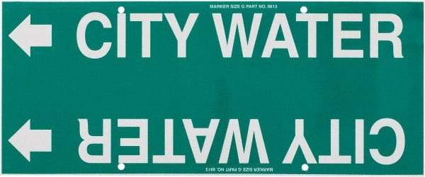 Made in USA - Pipe Marker with City Water Legend and Arrow Graphic - 8 to 10" Pipe Outside Diam, White on Green - USA Tool & Supply