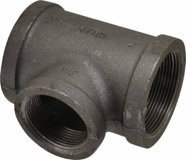 Made in USA - Size 2 x 2 x 1-1/2", Class 150, Malleable Iron Black Pipe Reducing Tee - 150 psi, Threaded End Connection - USA Tool & Supply