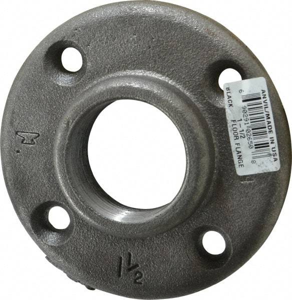 Made in USA - 1-1/2" Pipe, 4-1/2" OD, 7/8" Hub Length, Black Floor Pipe Flange - 3-1/2" Across Bolt Hole Centers, 5/16" Bolt Hole, 150 psi, Class 150 - USA Tool & Supply