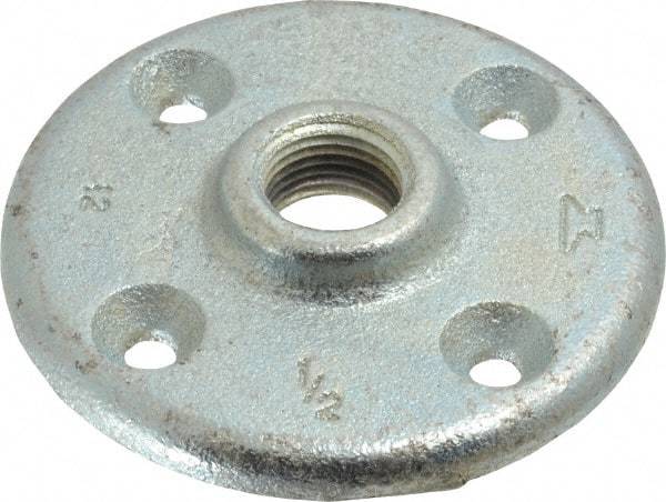 Made in USA - 1/2" Pipe, 3-1/2" OD, 5/8" Hub Length, Galvanized Floor Pipe Flange - 2-1/2" Across Bolt Hole Centers, 1/4" Bolt Hole, 150 psi, Class 150 - USA Tool & Supply