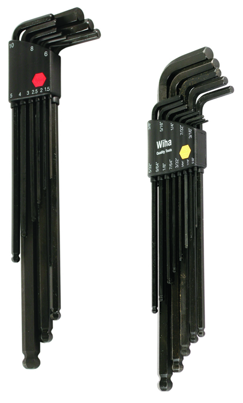 22 Piece - .050 - 3/8" & Metric 1.5 - 10.0mm - Black Finish - Ball End Hex L-Key Long Arm Inch Set - USA Tool & Supply