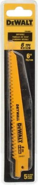 DeWALT - 6" Long, Bi-Metal Reciprocating Saw Blade - Tapered Profile, 6 TPI, Toothed Edge, Universal Shank - USA Tool & Supply