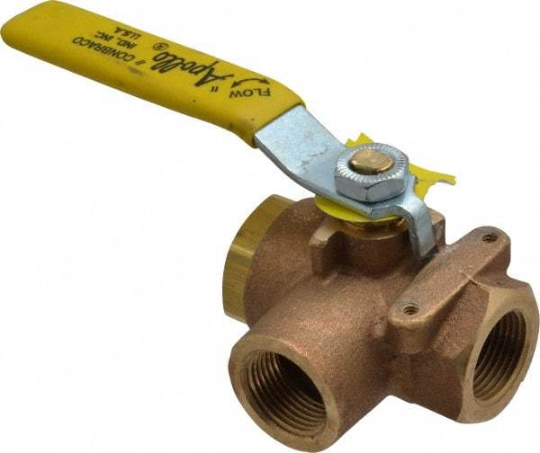 Apollo - 3/4" Pipe, Standard Port, Bronze Standard Ball Valve - Three Way, FNPT x FNPT x FNPT Ends, Lever Handle, 400 WOG - USA Tool & Supply