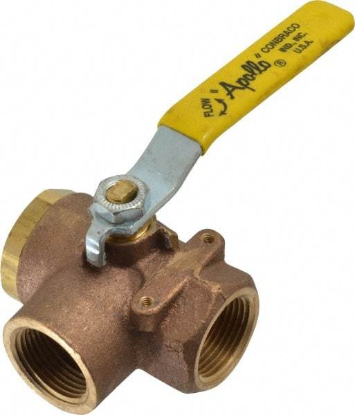 Apollo - 1" Pipe, Large Port, Bronze Standard Ball Valve - Three Way, FNPT x FNPT x FNPT Ends, Lever Handle, 400 WOG - USA Tool & Supply