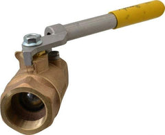 Apollo - 1-1/2" Pipe, Bronze Standard Ball Valve - 2 Piece, Inline - One Way Flow, FNPT x FNPT Ends, Deadman Lever (Spring Return to Close) Handle, 600 WOG, 150 WSP - USA Tool & Supply