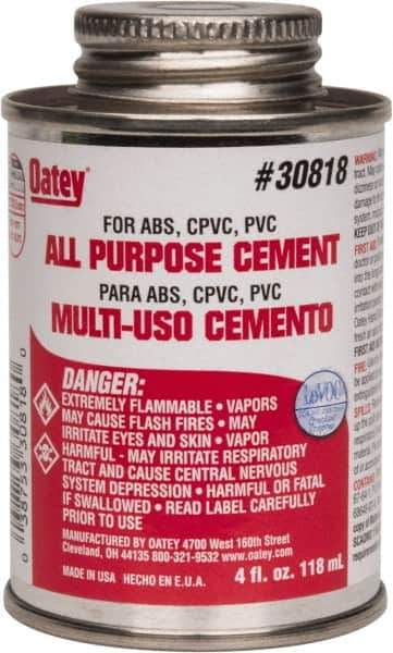 Oatey - 4 oz All-Purpose Medium Bodied Cement - Clear, Use with ABS, PVC & CPVC up to 6" Diam - USA Tool & Supply