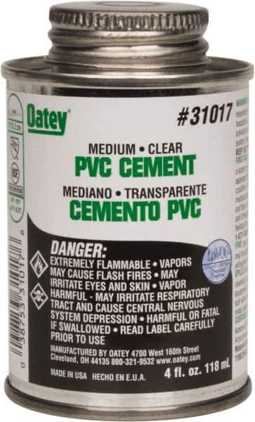 Oatey - 4 oz Medium Bodied Cement - Clear, Use with PVC up to 6" Diam - USA Tool & Supply