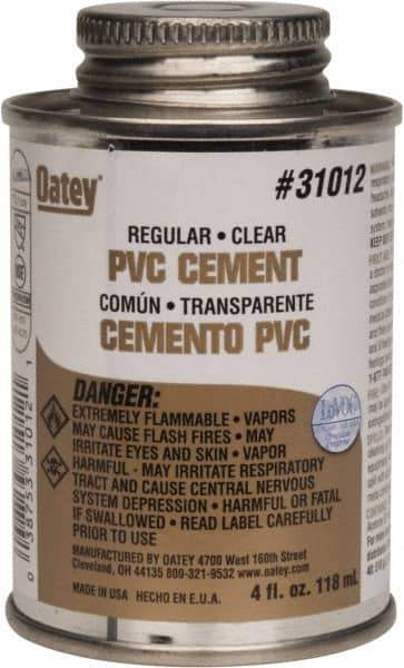 Oatey - 4 oz Regular Bodied Cement - Clear, Use with Schedule 40 PVC up to 4" Diam & Schedule 80 PVC up to 2" Diam - USA Tool & Supply