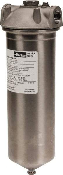 Parker - 3/4 Inch Pipe, FNPT End Connections, 10 Inch Long Cartridge, 12-3/4 Inch Long, Cartridge Filter Housing with Pressure Relief - 1 Cartridge, 5 Max GPM Flow Rate, 150 psi Max Working Pressure, 316 Grade - USA Tool & Supply