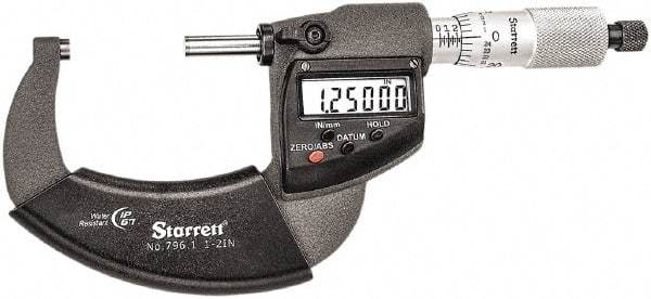 Starrett - 1 to 2" Range, Standard Throat IP67 Electronic Outside Micrometer - Ratchet Stop Thimble, Carbide Face, CR2032 Battery - USA Tool & Supply