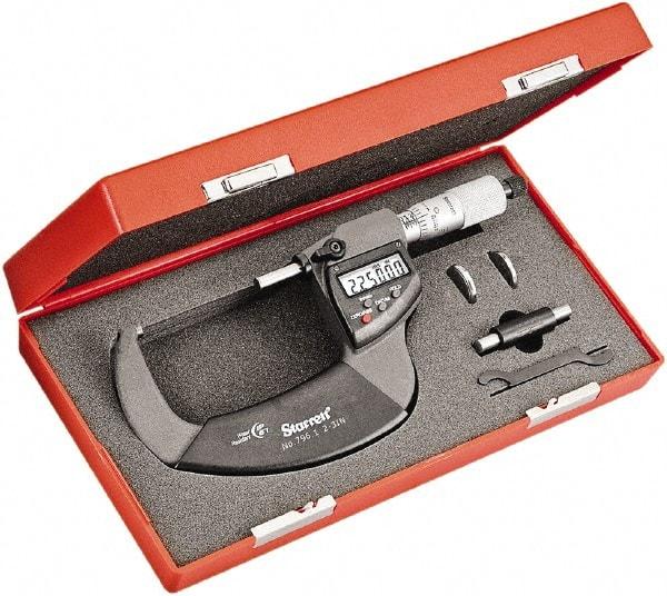Starrett - 2 to 3" Range, Standard Throat IP67 Electronic Outside Micrometer - Ratchet Stop Thimble, Carbide Face, CR2032 Battery - USA Tool & Supply