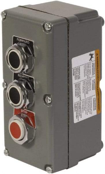 Schneider Electric - 3 Operator, Projecting Pushbutton Control Station - Forward, Reverse, Stop (Legend), Momentary Switch, 3NO/3NC Contact, NEMA 13, 3, 4 - USA Tool & Supply