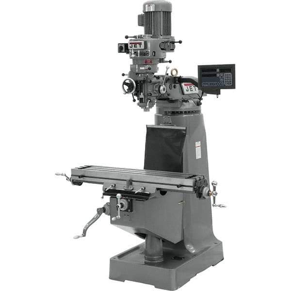 Jet - 9" Table Width x 42" Table Length, Variable Speed Pulley Control, 3 Phase Knee Milling Machine - R8 Spindle Taper, 2 hp - USA Tool & Supply