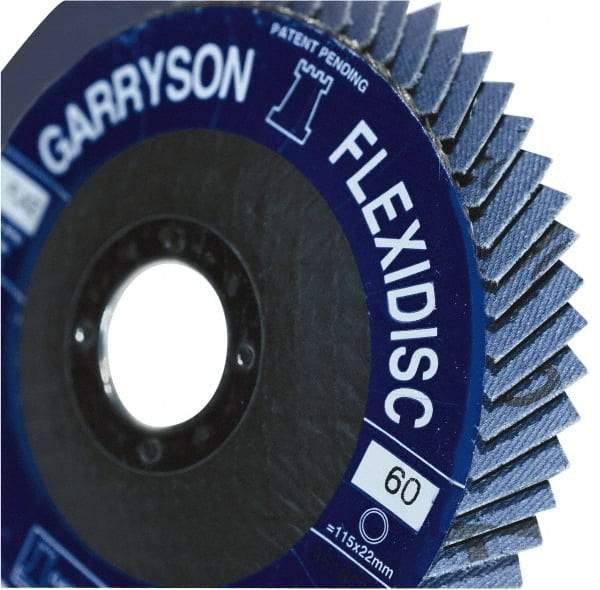 Garryson - 40 Grit, 4-1/2" Disc Diam, 7/8" Center Hole, Zirconia Alumina Flap Disc - 13,300 Max RPM, Fiberglass Backing, Arbor Attaching System, Coated - USA Tool & Supply