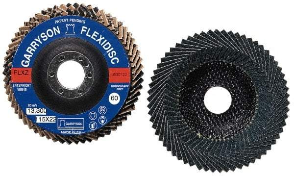 Garryson - 40 Grit, 7" Disc Diam, 7/8" Center Hole, Zirconia Alumina Flap Disc - 8,600 Max RPM, Fiberglass Backing, Arbor Attaching System, Coated - USA Tool & Supply