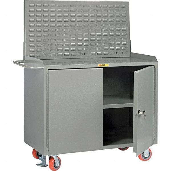 Little Giant - 3,600 Lb Capacity, 3 Shelf, 2 Door Mobile Bench Cabinet with Louvered Panel - 53" Wide x 24" Deep x 43" High, Steel, Gray - USA Tool & Supply