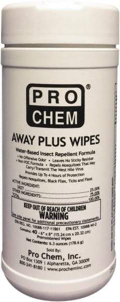 Pro Chem - 40 Count 25% DEET Towelette - For Mosquitos, Chiggers, Gnats, Stable Flies, Fleas, Ticks, Black Flies, Sand Flies - USA Tool & Supply