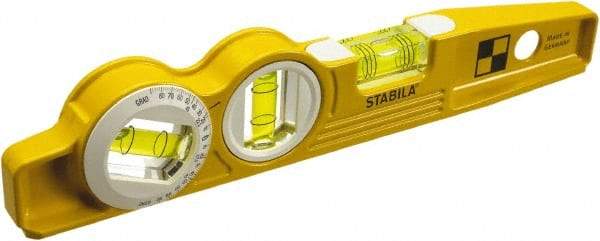 Stabila - Magnetic 10" Long 3 Vial Torpedo Level - Die Cast, Yellow, 1 Plumb, 1 Level & 1 360° Vials - USA Tool & Supply