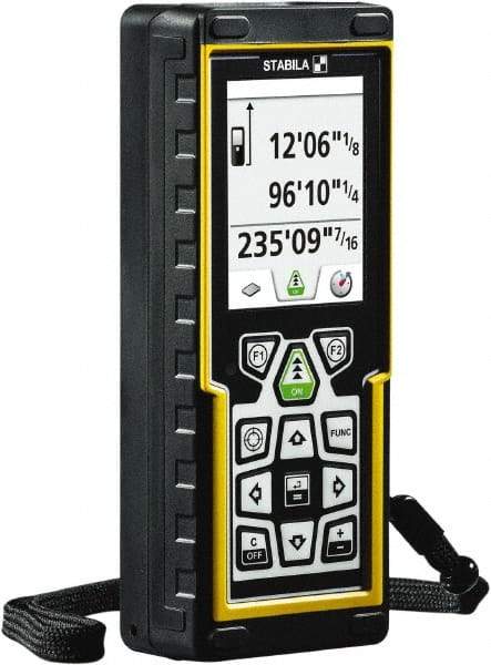 Stabila - 660' Range, Laser Distance Finder - 2 AA Batteries Required, Accurate to 1/16" - USA Tool & Supply