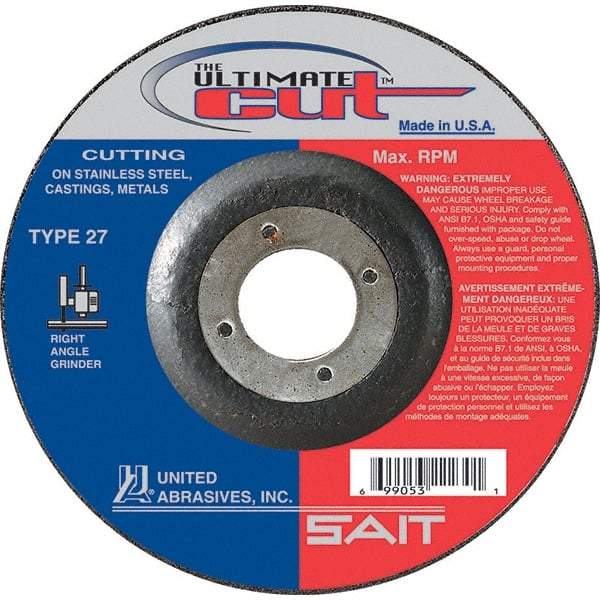Sait - 6" Wheel Diam, 7/8" Arbor Hole, Type 27 Depressed Center Wheel - Extra Coarse Grade, Zirconia Alumina, S Hardness, 10,200 Max RPM - USA Tool & Supply