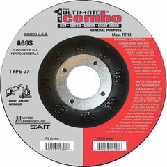 Sait - 60 Grit, 5" Wheel Diam, 7/8" Arbor Hole, Type 27 Depressed Center Wheel - Extra Coarse Grade, Aluminum Oxide, S Hardness, 12,200 Max RPM - USA Tool & Supply