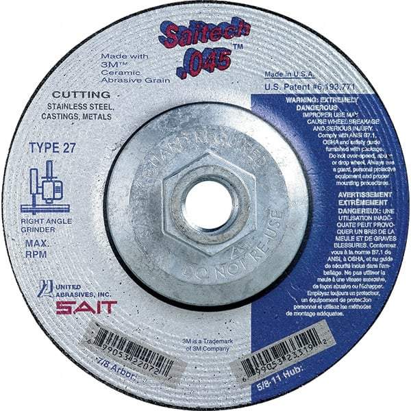 Sait - 5" Wheel Diam, Type 27 Depressed Center Wheel - Extra Coarse Grade, Ceramic, S Hardness, 12,200 Max RPM - USA Tool & Supply