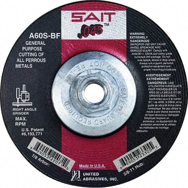 Sait - 60 Grit, 5" Wheel Diam, Type 27 Depressed Center Wheel - Extra Coarse Grade, Aluminum Oxide, S Hardness, 12,200 Max RPM - USA Tool & Supply