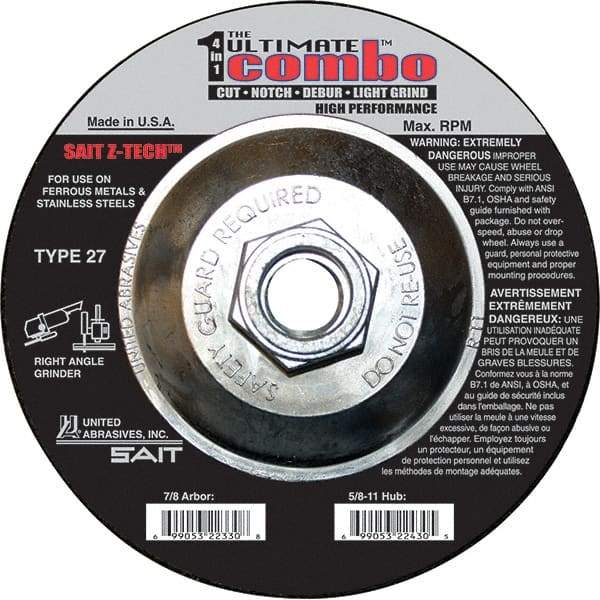 Sait - 4-1/2" Wheel Diam, Type 27 Depressed Center Wheel - Extra Coarse Grade, Zirconia Alumina, S Hardness, 13,300 Max RPM - USA Tool & Supply